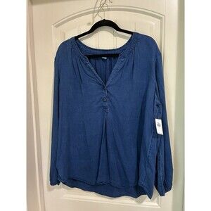 Old Navy Womens Long Sleeve Chambray Denim Peasant Top XL Blue V-Neck NWT
